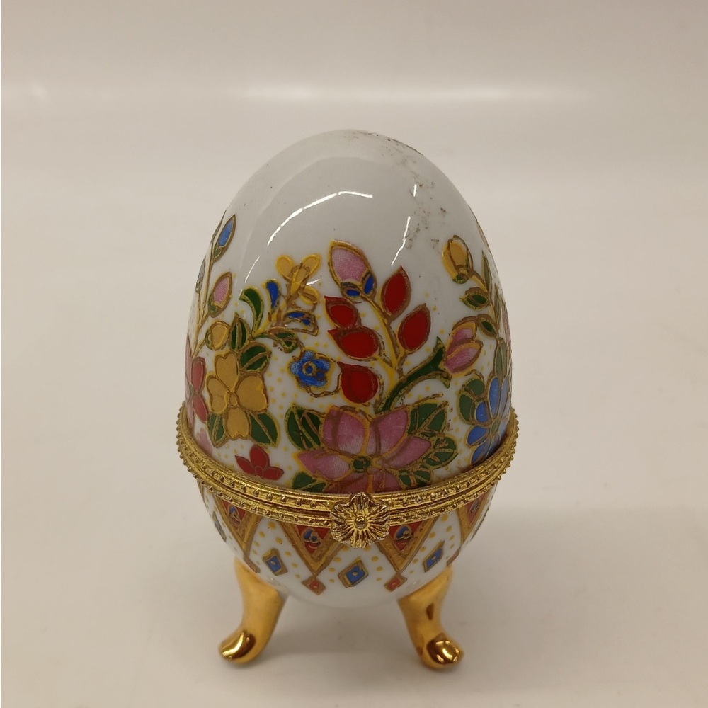 Vintage Porcelain Floral Egg Hinged Trinket Box with Gold Accents